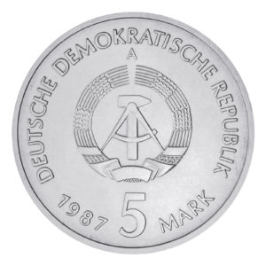 Wertseite der Münze 5 Mark 1987 Deutsche demokratische Republik Rotes Rathaus in Berlin