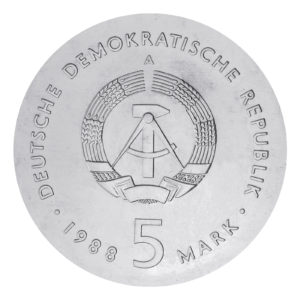 Wertseite der Münze 5 Mark 1988 Deutsche demokratische Republik 50. Todestag von Ernst Barlach