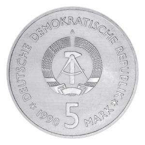 Wertseite der Münze 5 Mark 1990 Deutsche demokratische Republik 100. Geburtstag Kurt Tucholsky