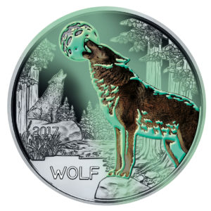 Österreich 3 Euro 2016 „Wolf“, CuNi, 25g, Ø 34mm, mit Farbmotiv (fluoreszierend im Dunklen), handgehoben, Auflage: 50.000