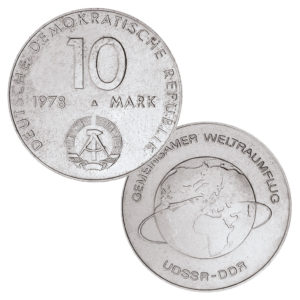 DDR, 10 Mark 1978 Gemeinsamer Weltraumflug UdSSR-DDR, Neusilber (CuZnNi), 12g, Ø 31mm, Prägestätte A (Berlin), Auflage: 752.075 (Exportqualität: 32.075, PP: 2.600), Jaeger-Nr. 1568