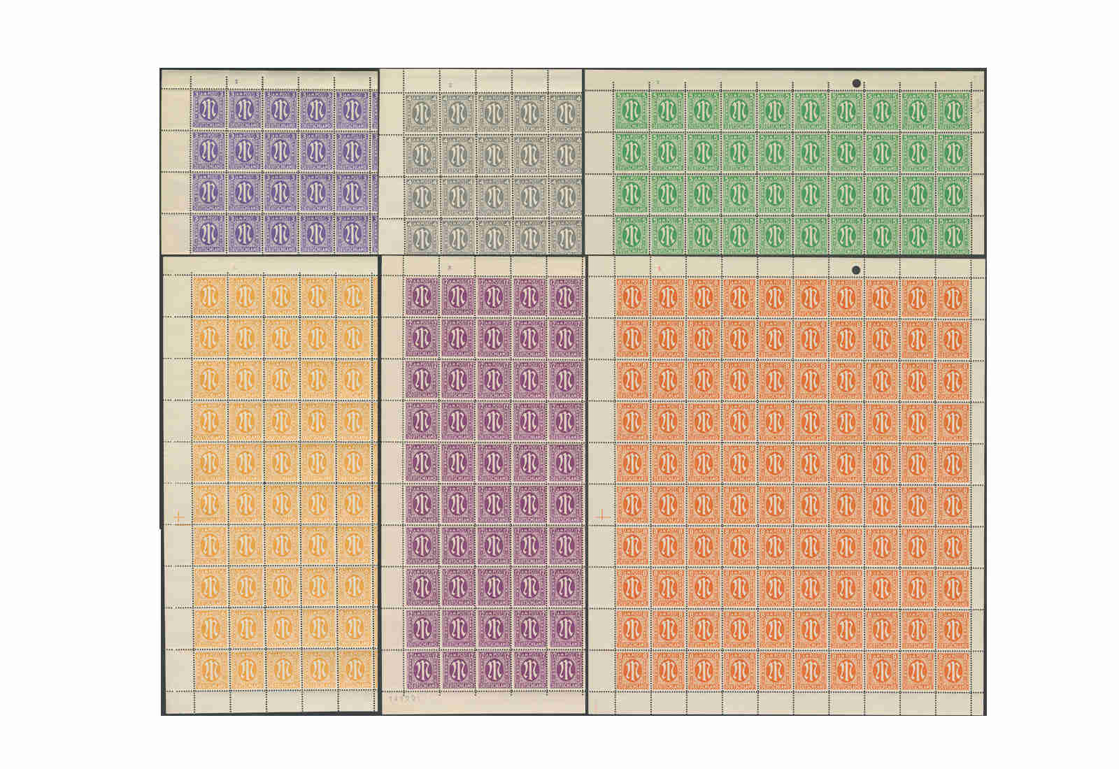 Briefmarke AM Post Mi-Nr. 10 -15 ** Bogen inkl. Mi-Nr. 14 Az, engl. Druck