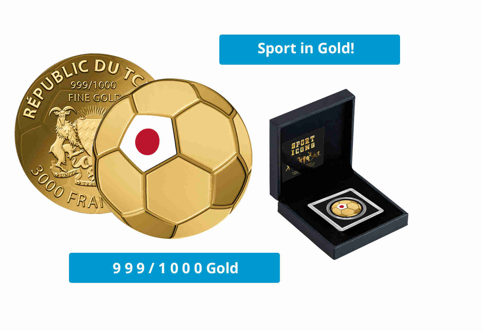 Goldmünze Motiv "Fußball Japan" 999/1000 Gold im Geschenketui