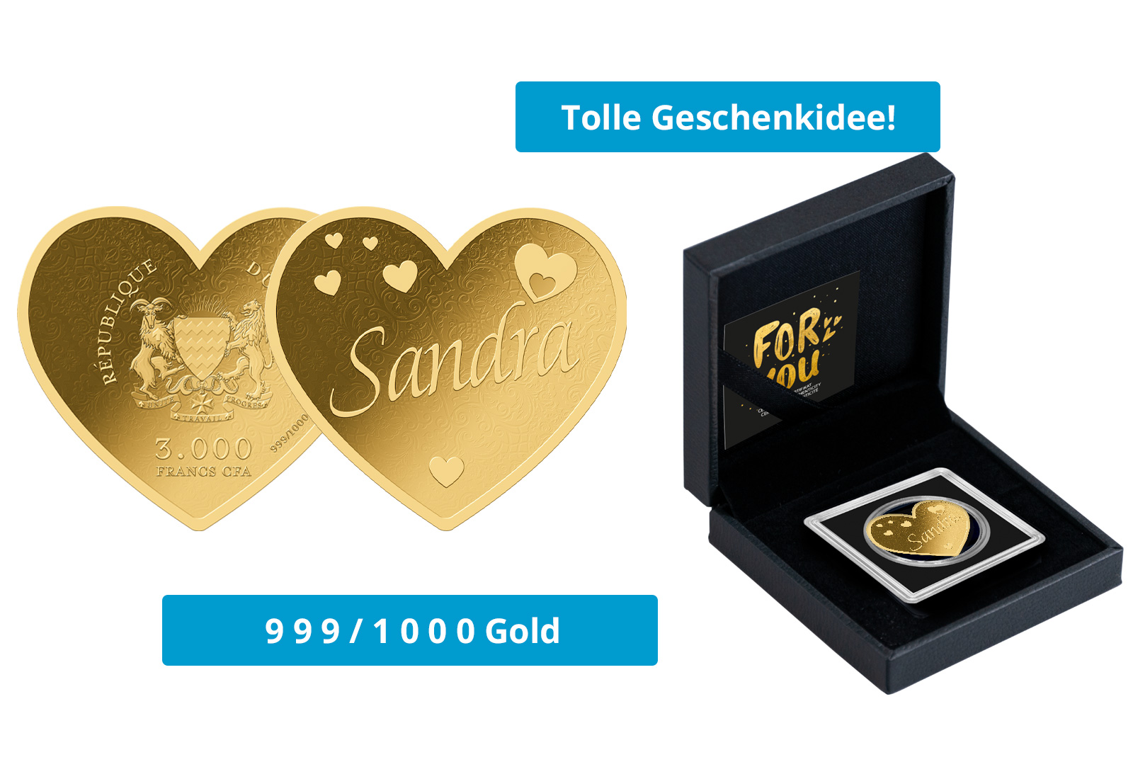 Goldmünze Motiv "Herz Sandra" 999/1000 Gold im Geschenketui