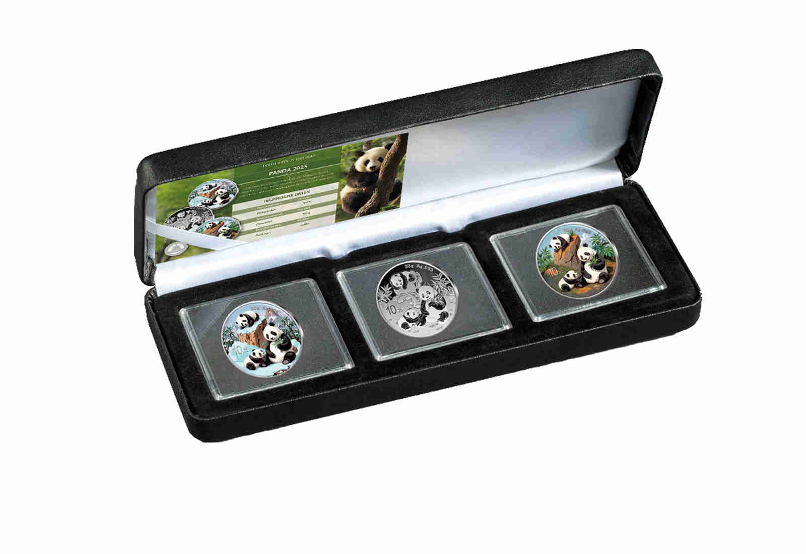 China Panda 3x 30g Silber 2025 mit Farbmotiv im Etui inkl. Zertifikat