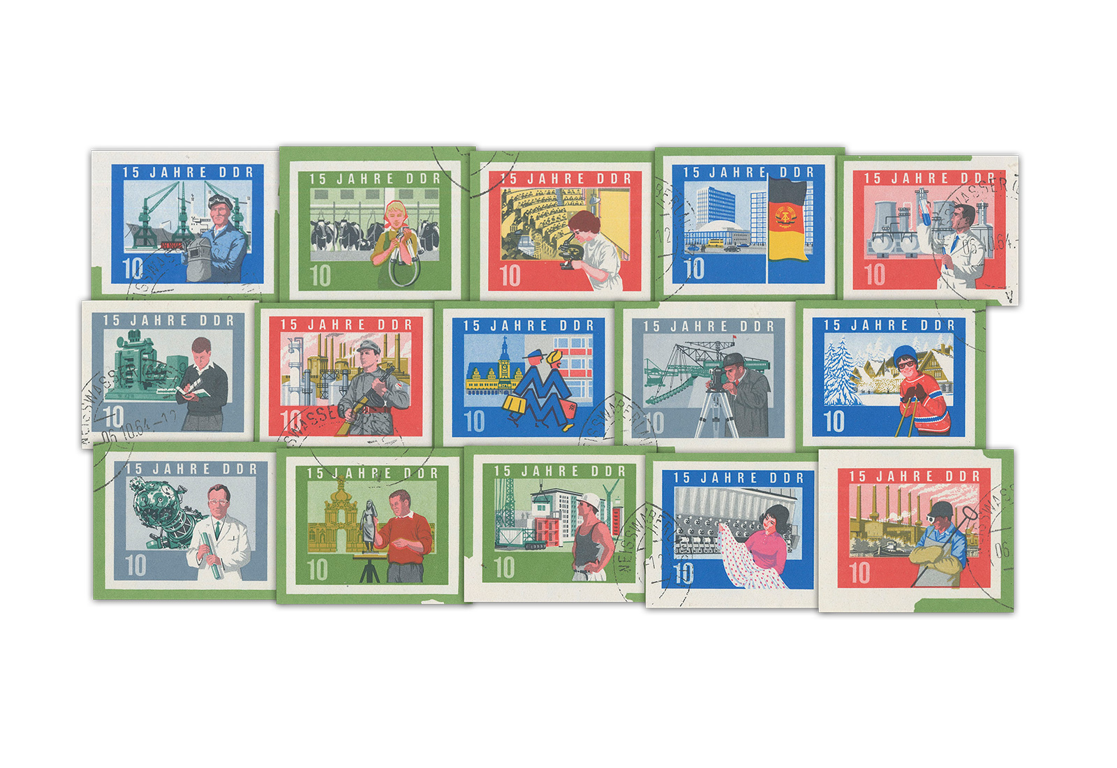 DDR Blockeinzelmarken aus Block 19 - 15 Jahre DDR  1958 Michel Nr. 1059/73 gestempelt