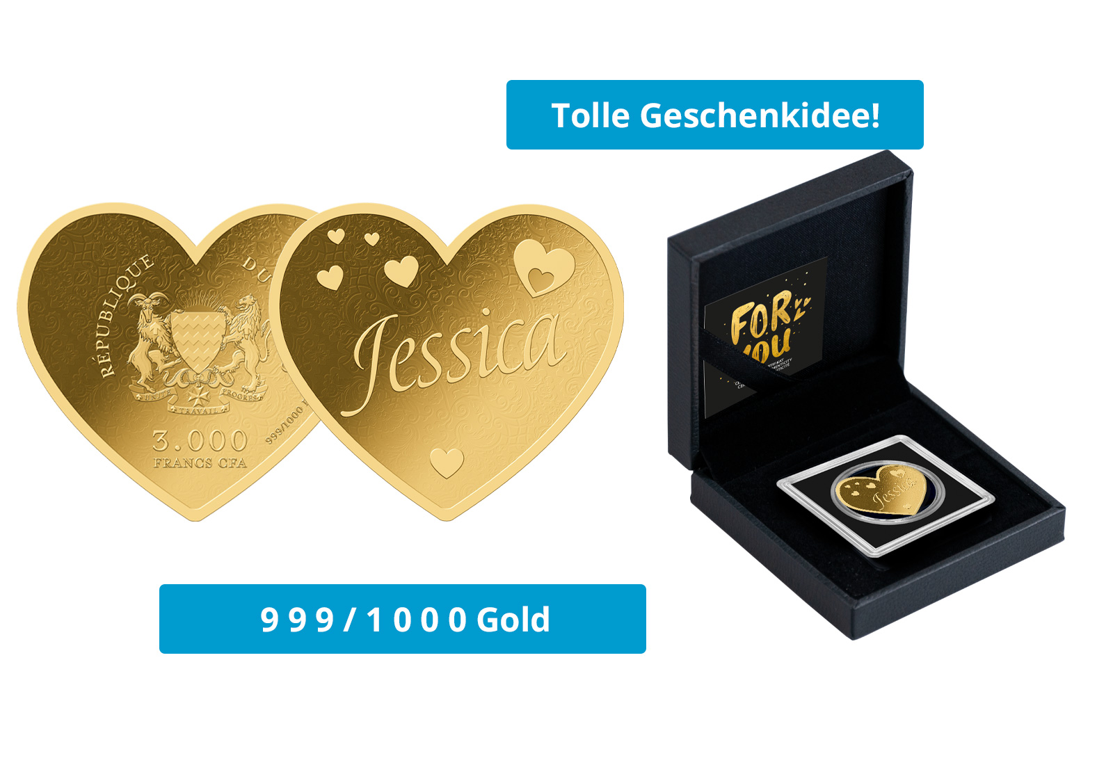 Goldmünze Motiv "Herz Jessica" 999/1000 Gold im Geschenketui