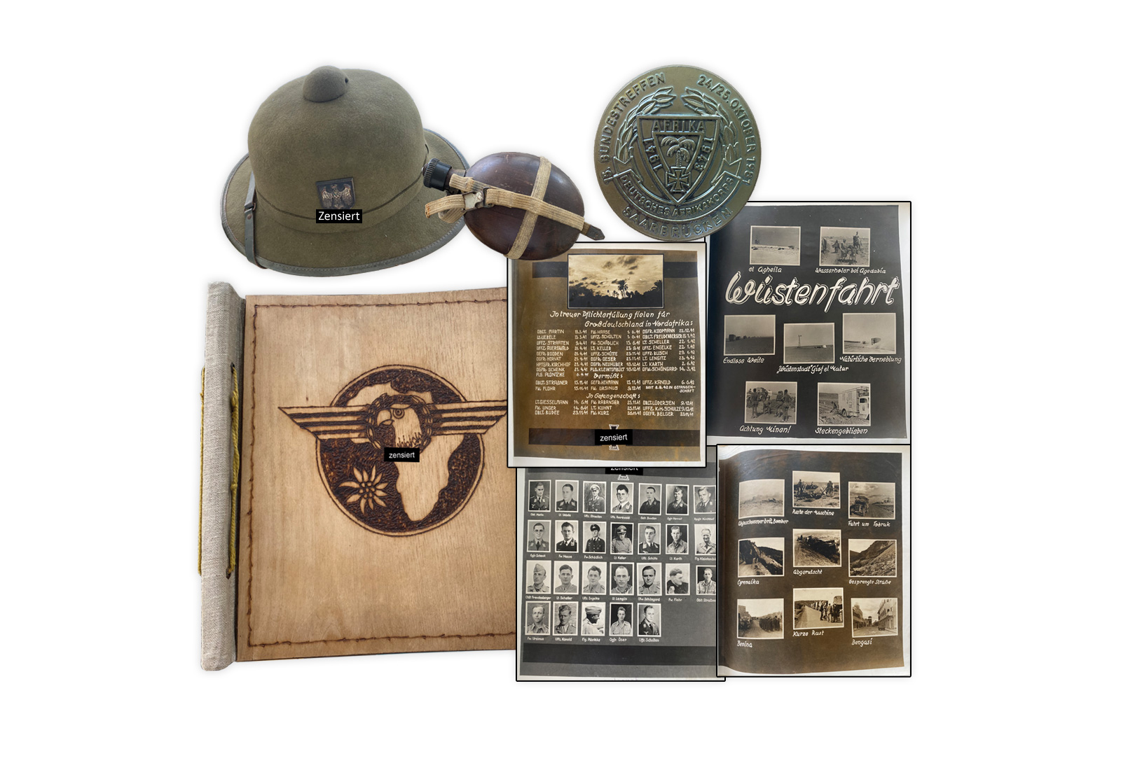 1942 DR Afrikacorps-Memorabil Fotos, Helm, Flasche, Broschür