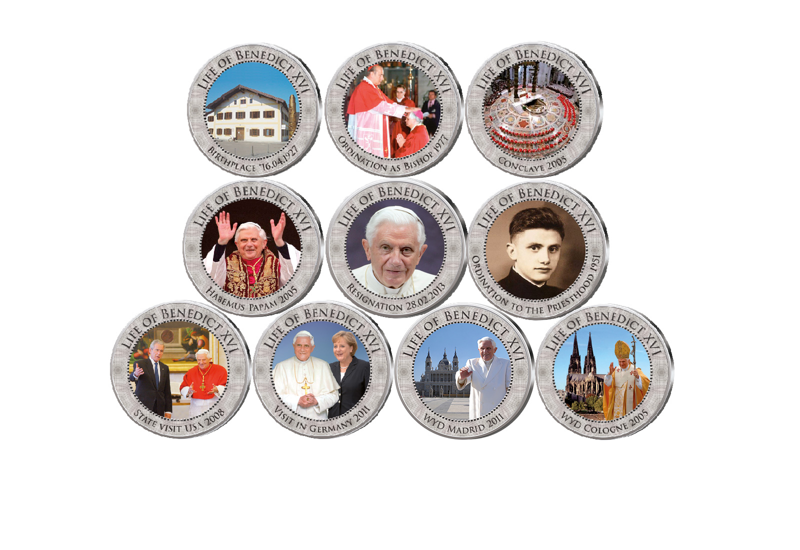 Lebensweg Papst Benedikt XVI. 10er Kollektion mit Farbmotiv im Etui