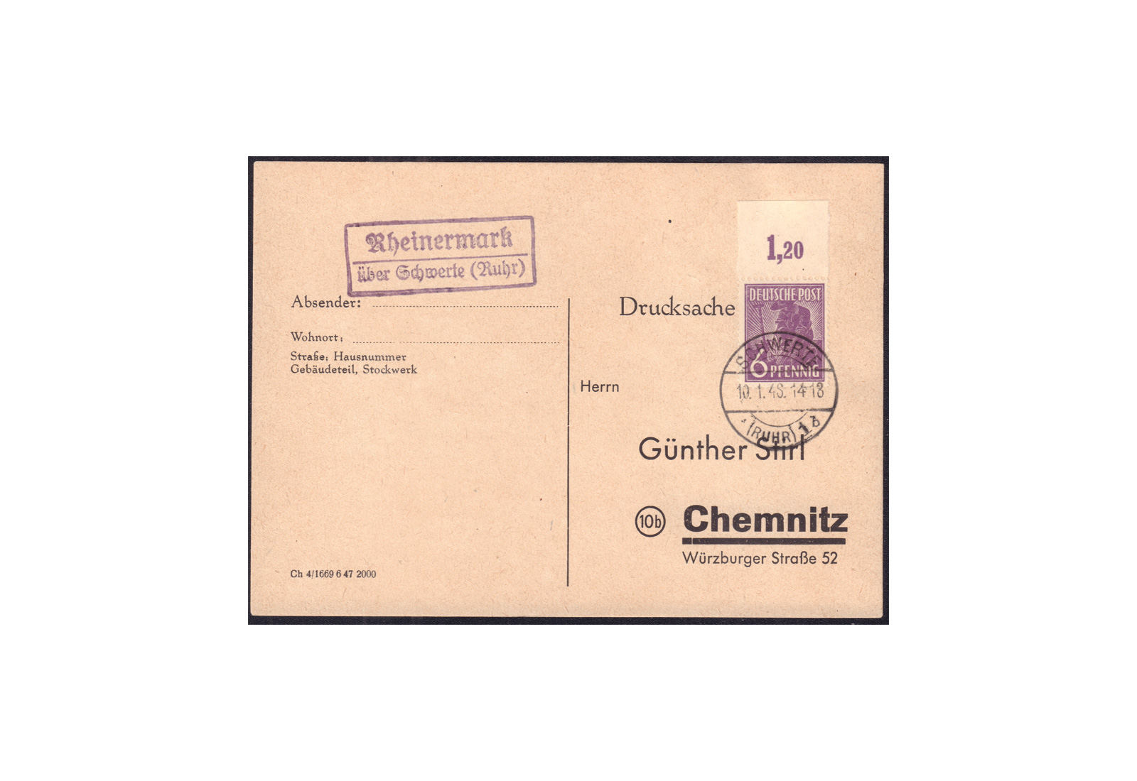 Briefmarke Alliierte Besetzung 2. Kontrollratsausgabe 1947 Michel Nr. 944 P OR ndgz auf Postkarte