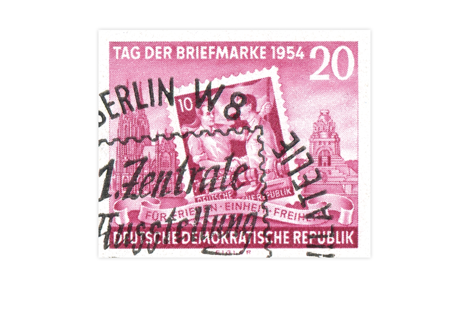 Briefmarke DDR Block Erste Zentrale Briefmarkenausstellung der Betriebsarbeitsgmeinschaften 1954 Michel-Nr. 445 B gestempelt