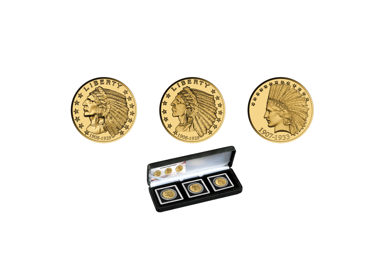 Komplettset Goldmünzen Indian Head 3 Motive 999er Gold
