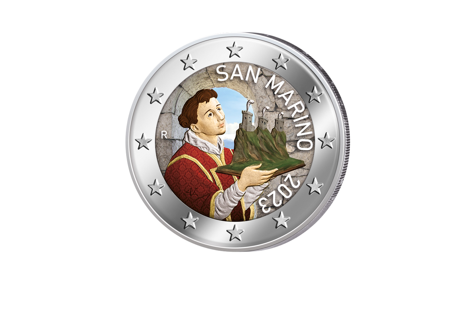 2 Euro 2023 San Marino Kursmünze Der heilige Marinus mit Farbmotiv