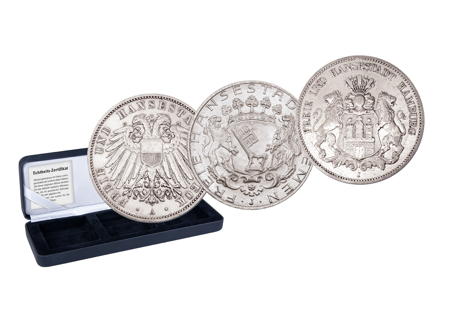 3er-Set 2 Mark Kaiserreich Stadtstaaten im Etui Jaeger-Nr. 59, 61 & 81