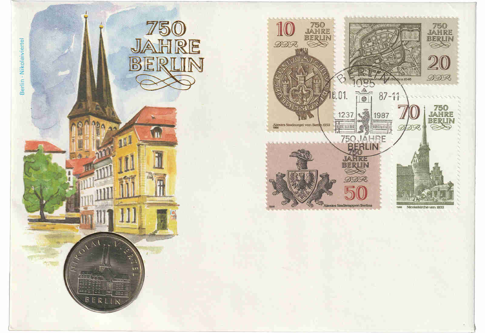 DDR Numisbrief J. 1613 5 Mark Nikolaiv. Berlin 1987