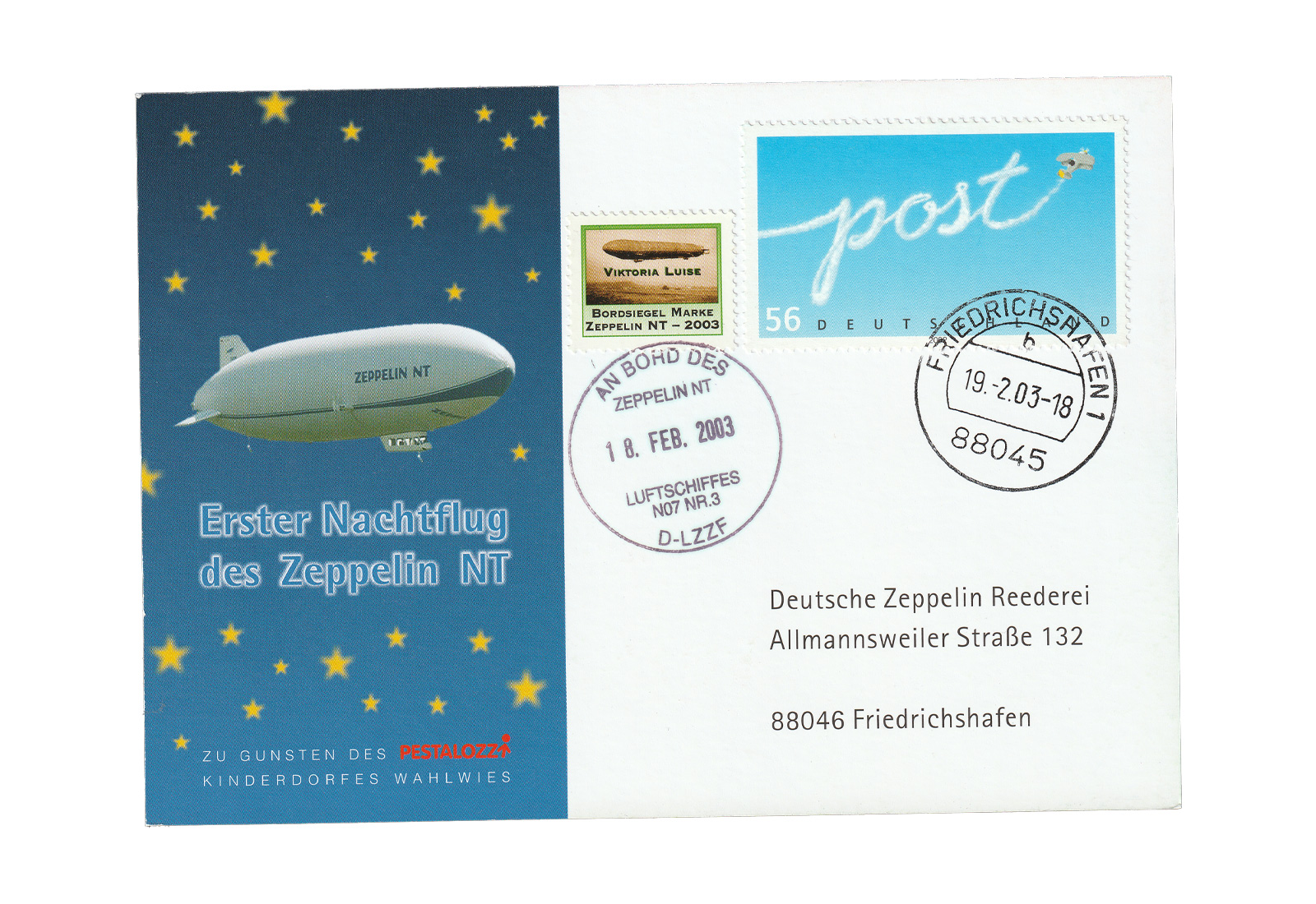 Zeppelin Beleg 2003 Erster Nachtflug des Zeppelin an Bord des Zeppelin