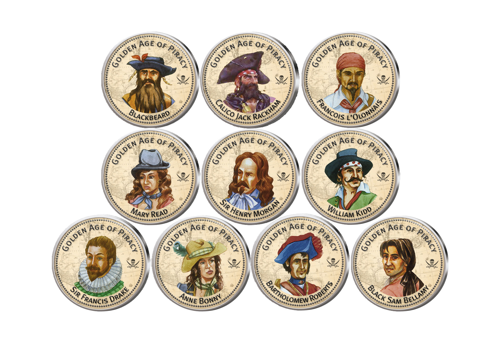 Golden Age of Piracy 10er Kollektion mit Farbmotiv im Etui inkl. Zertifikat