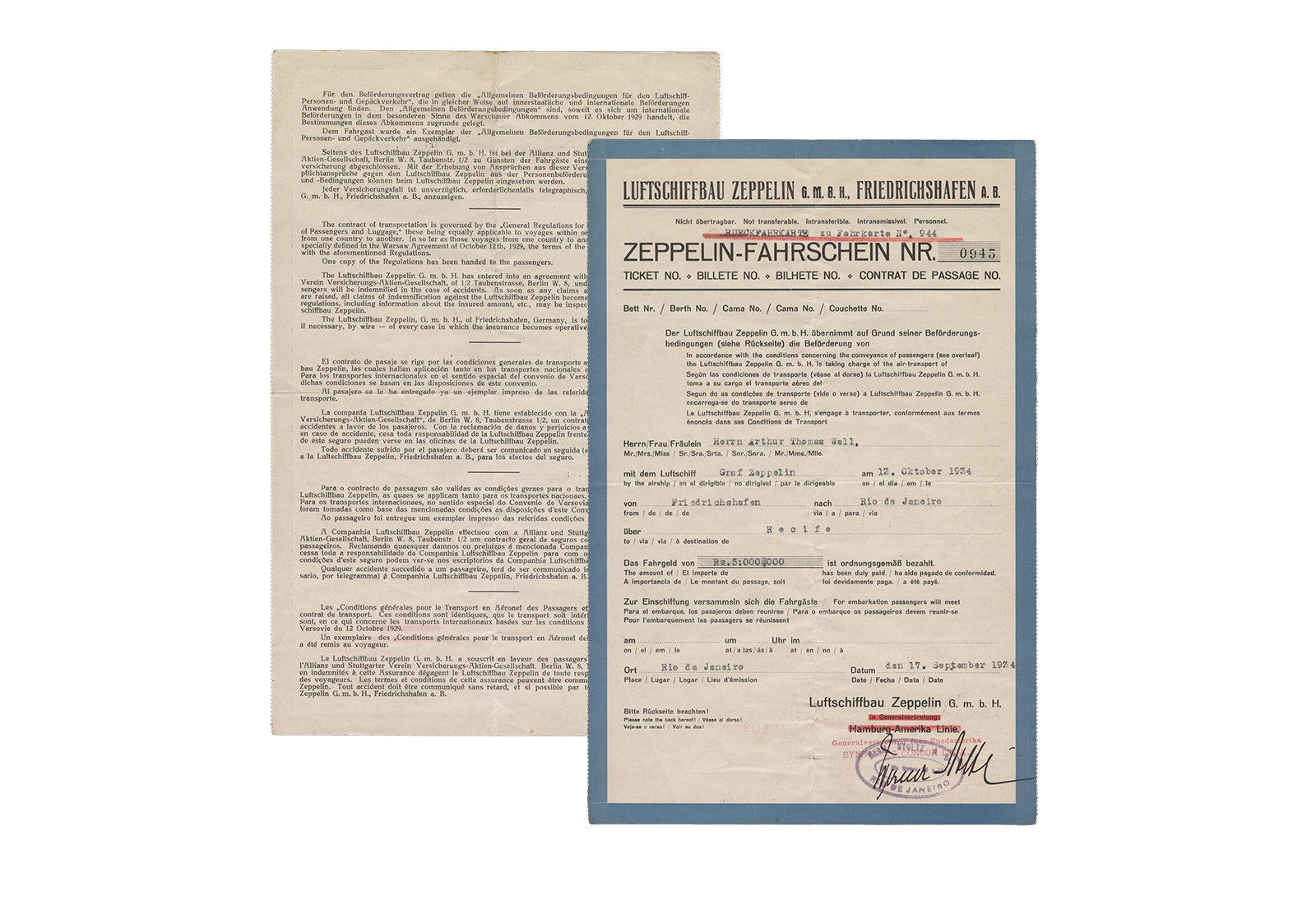 1934 Original Rückfahrkarte Graf Zeppelin vom 17.09.1934
