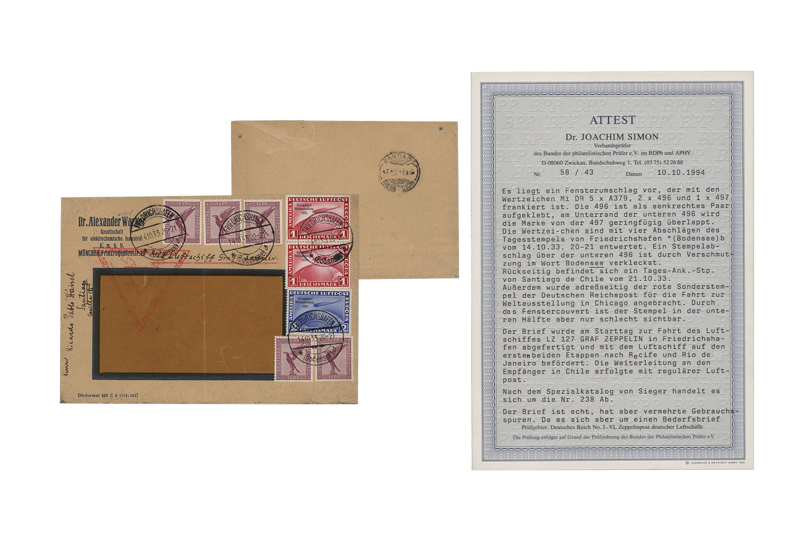 1933 Zeppelin Chicagofahrt FA Fenster-Kuvert nach Chile