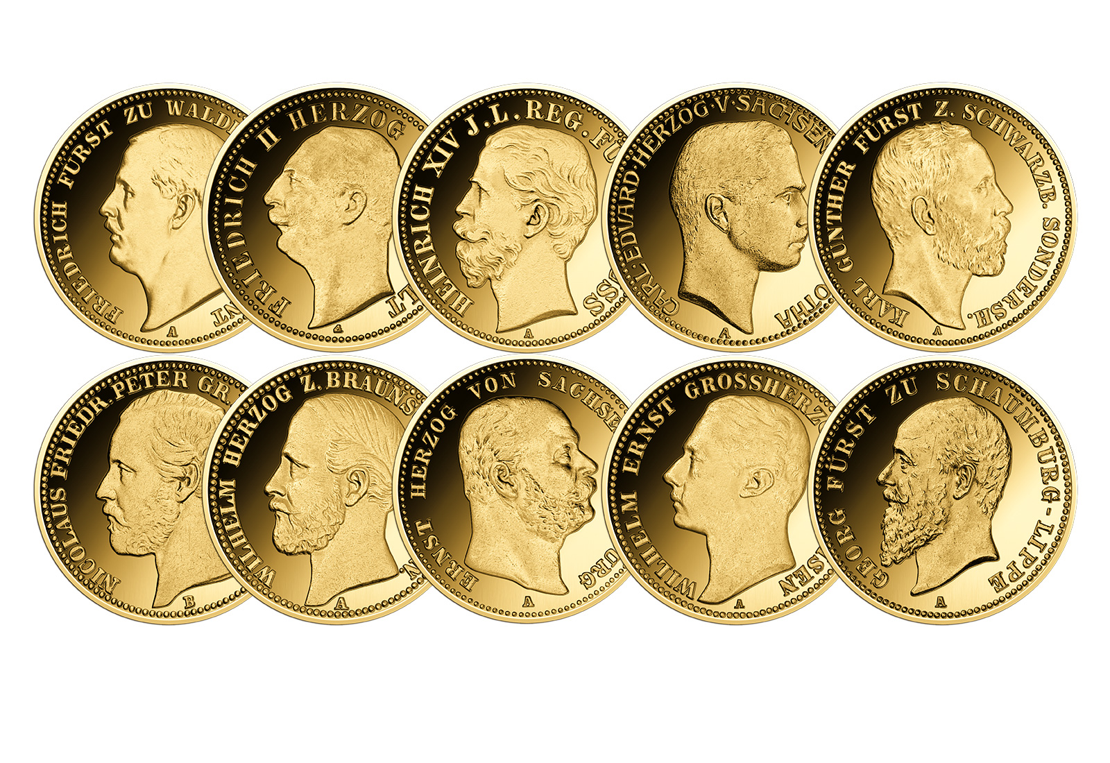 10er Set Goldausgaben - Die wertvollsten Münzen des Kaiserreichs - 999/1000 Gold