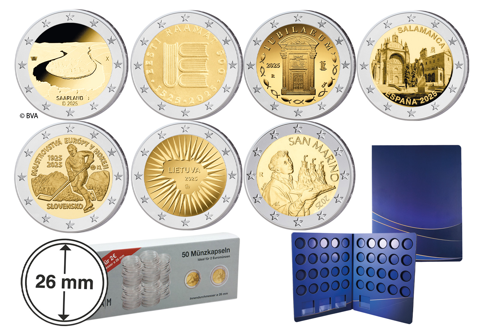 2 Euro 2025 7er Sparset inklusive 50 Kapseln und Münzsammelalbum für die Aufbewahrung