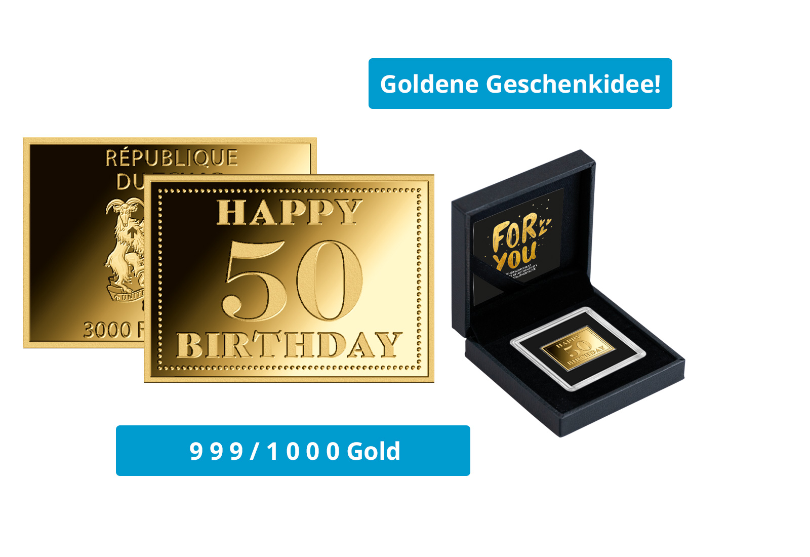 Goldmünze Motiv "Happy 50 Birthday" 999/1000 Gold im Geschenketui