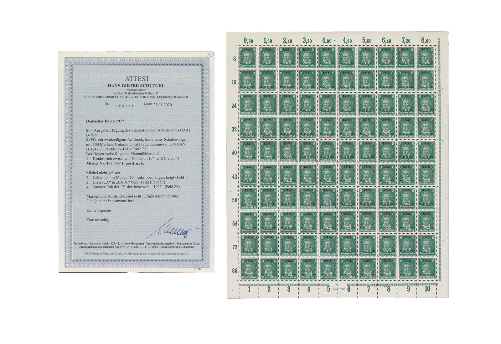 DR MiNr: 407 ** FA Bogen mit PLF (inkl. 407 I) IAA 1927