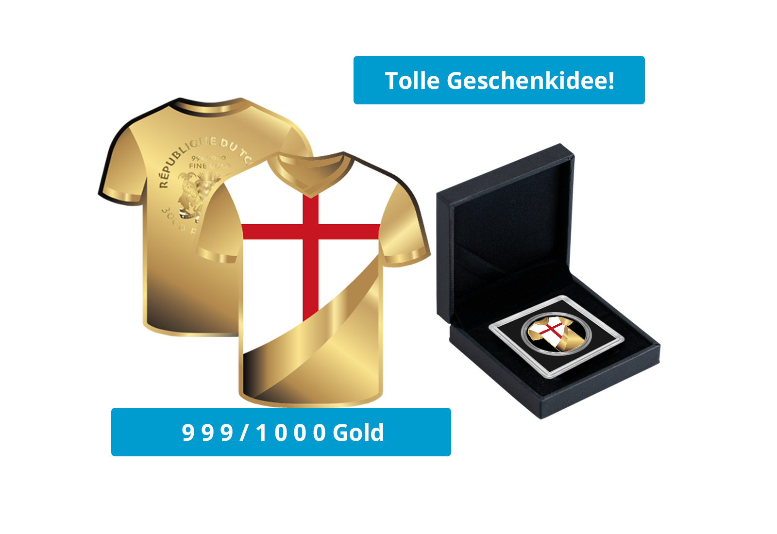 Goldmünze Motiv "Trikot England" 999/1000 Gold im Geschenketui
