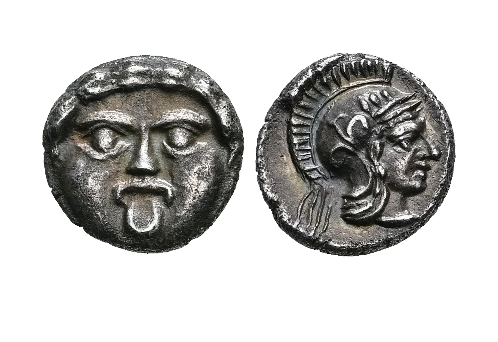 Selge Silber-Obel 300 v. Chr. Gorgoneion / Athenakopf