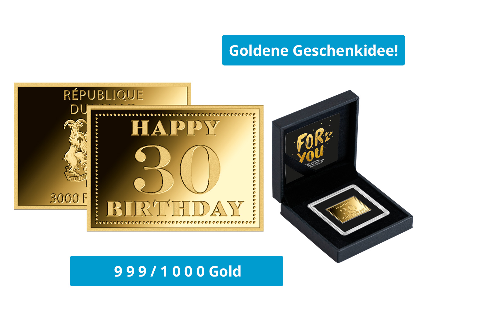 Goldmünze Motiv "Happy 30 Birthday" 999/1000 Gold im Geschenketui