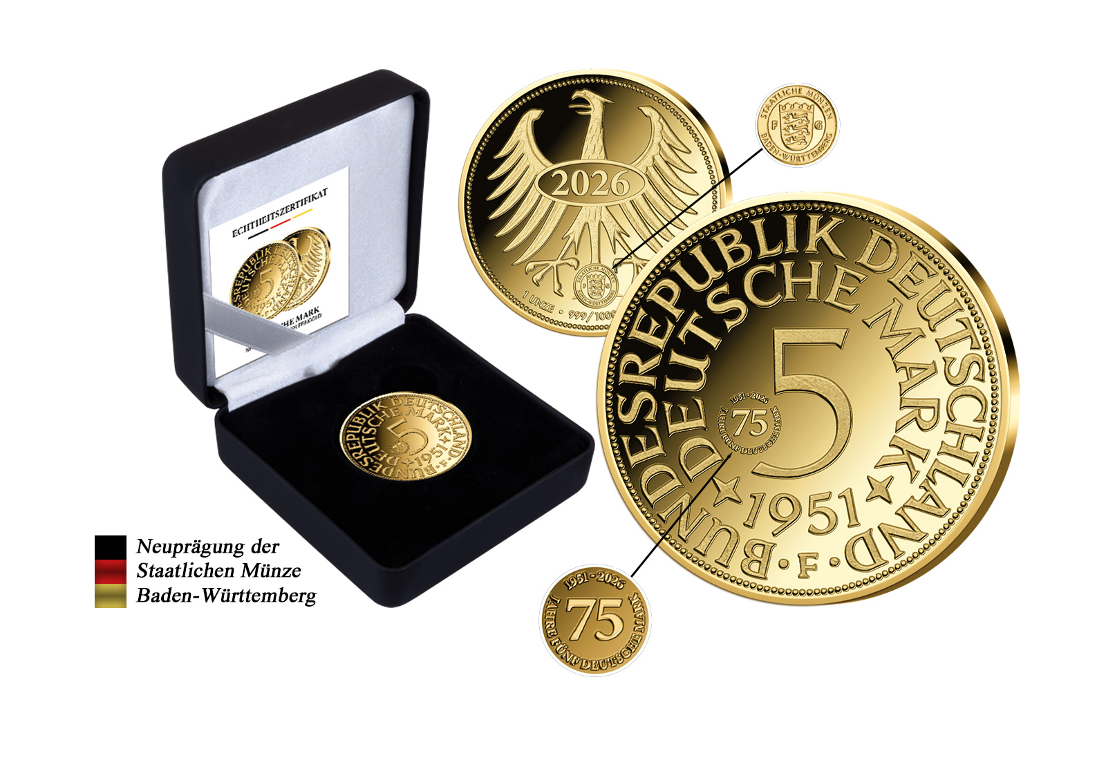 5 DM Silberadler 1951 - 1 oz 999/1000 Gold Premium Neuprägung mit Privy Mark