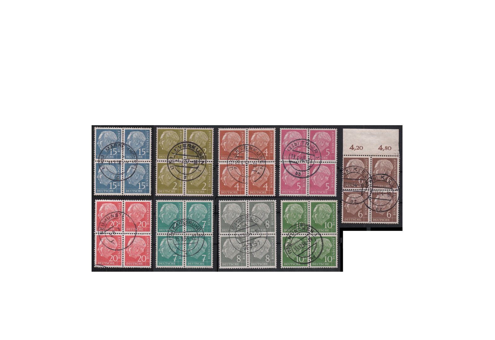 BRD Viererblock Heuss I Michel-Nr. 177/185 gestempelt