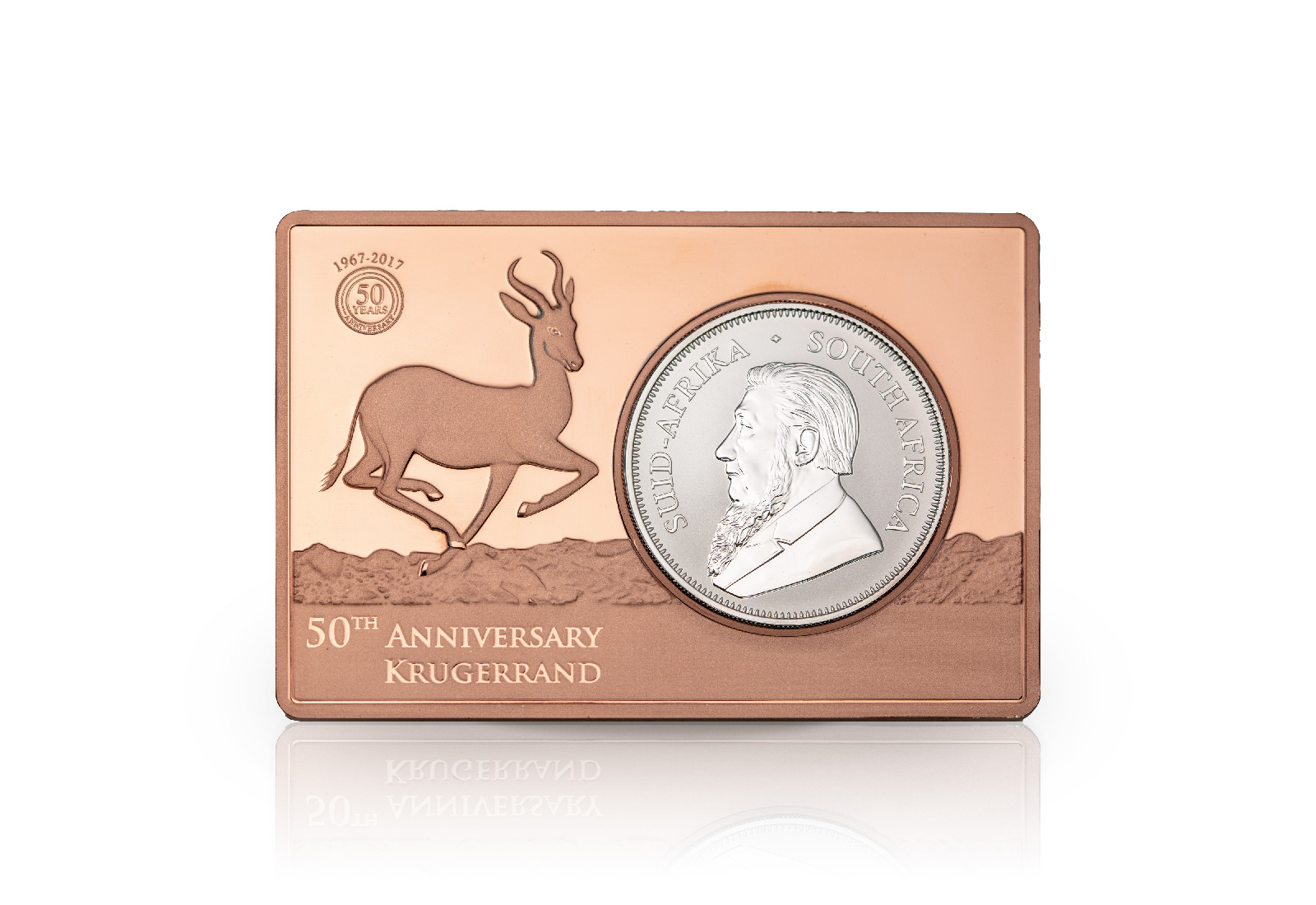 Krügerrand 1 oz Silber 2017 Südafrika 50 J. Jub.eingefasst in einem Kupferbarren