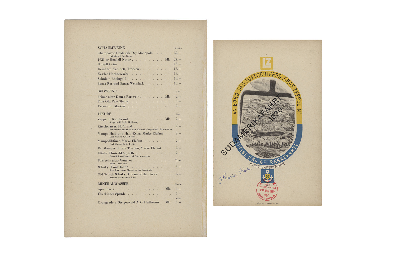 1930 Speisekarte Graf Zeppelin mit Bordstempel + Unterschrift