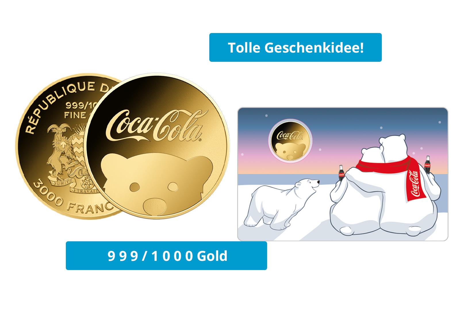 Goldmünze Motiv Coca Cola Eisbärfamilie Coincard Feinheit 999/1000 Gold Geschenk