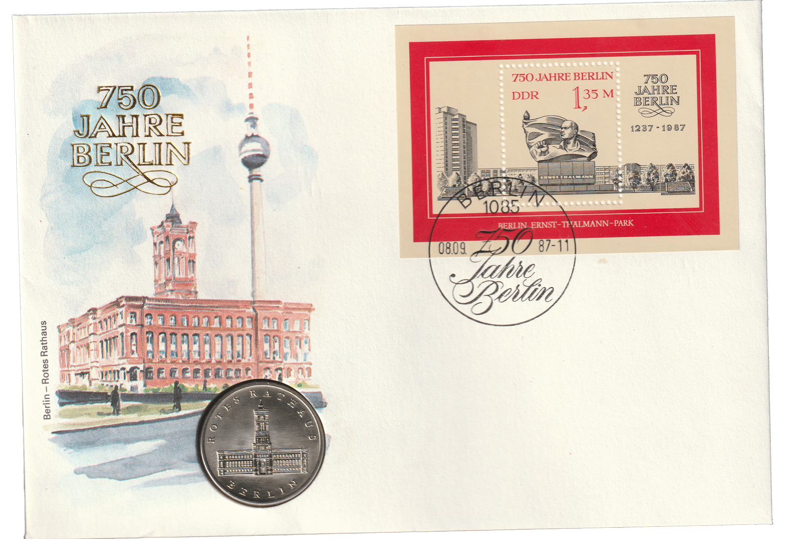 DDR Numisbrief J. 1614 mit Gedenkmünze 5 Mark Rotes Rathaus Berlin 1987 in Kollektion