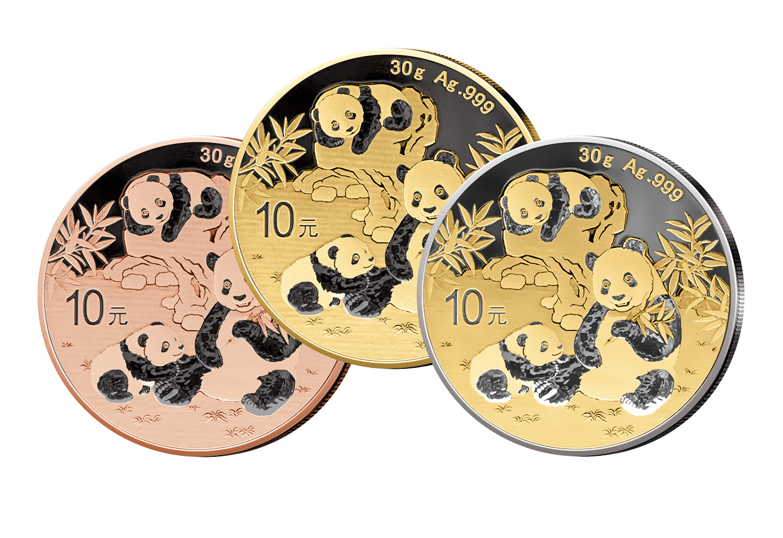3x 30g China Panda 2025 Silbermünze mit Veredelung