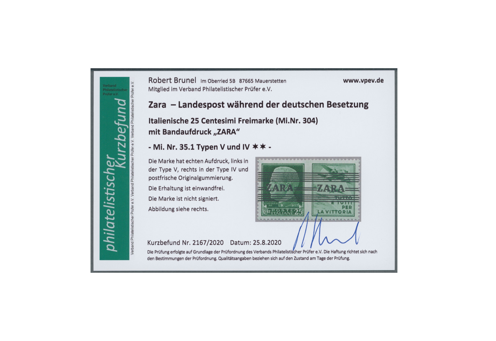 Briefmarke Deutsches Reich Zara 1943 Michel-Nr. 35.1 V + IV postfrisch Fotobefund