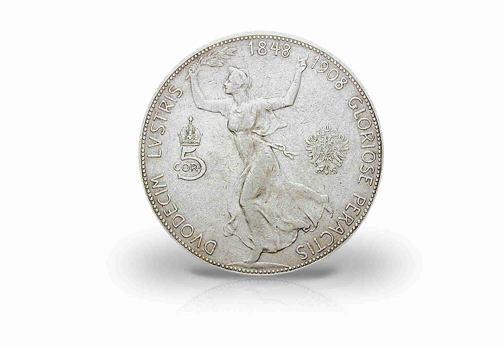 5 Kronen Silbermünze 1908 Österreich mit Tänzerin im Hintergrund