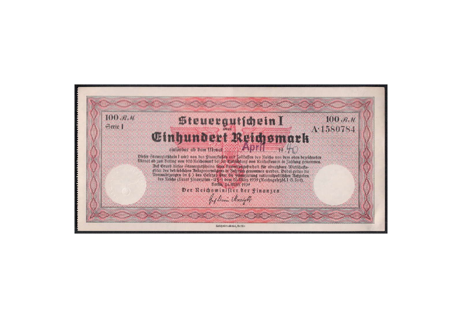 Deutsches Reich 100 Reichsmark Steuergutschein I 1939