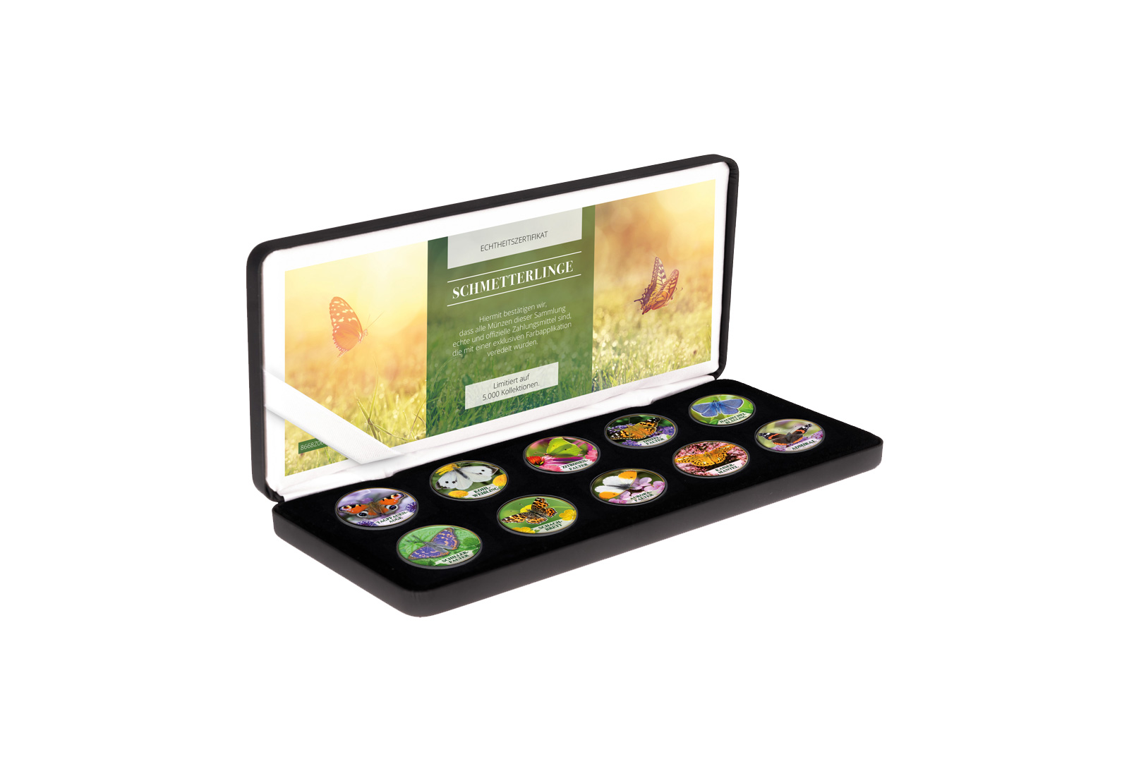 Schmetterlinge I. 10er Kollektion mit Farbmotiv im Etui inkl. Zertifikat
