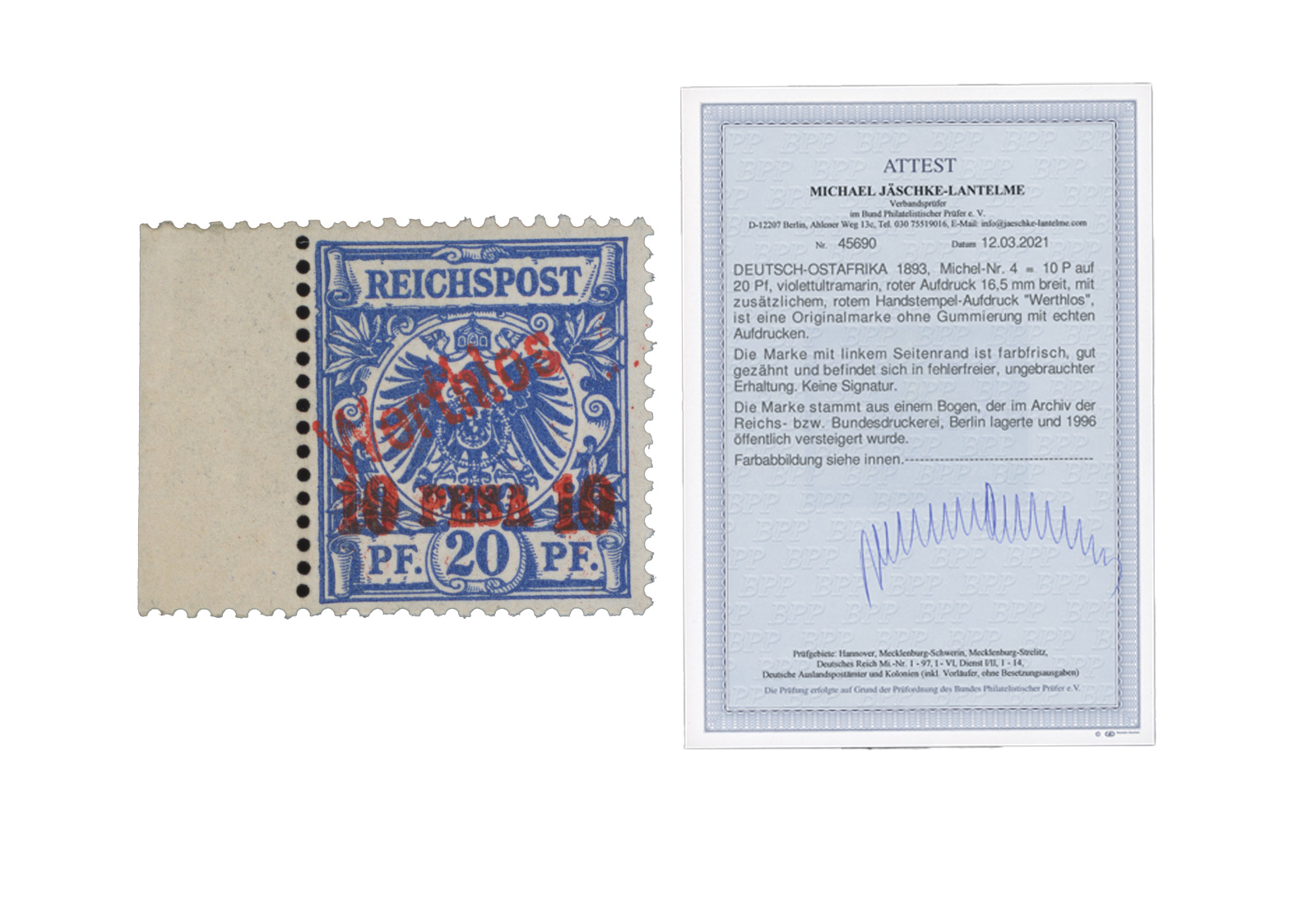 Dt. Ostafrika Mi.Nr. 4 P(*) Seltener Probeaufdruck Rot mit FA BPP, Randstück