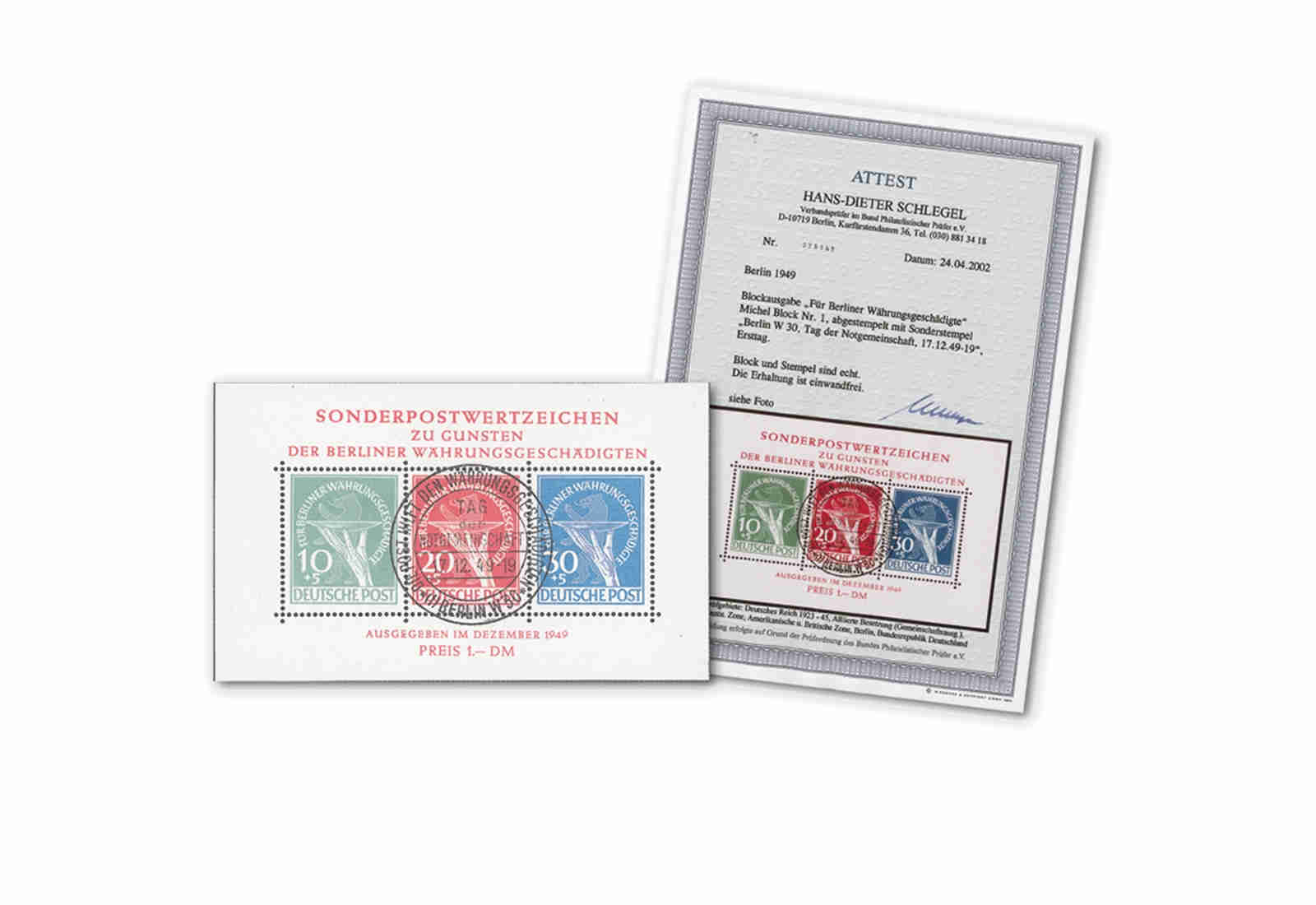 Berlin Block 1 1949 Währungsgeschädigten-Block gestempelt geprüft mit Fotoattest