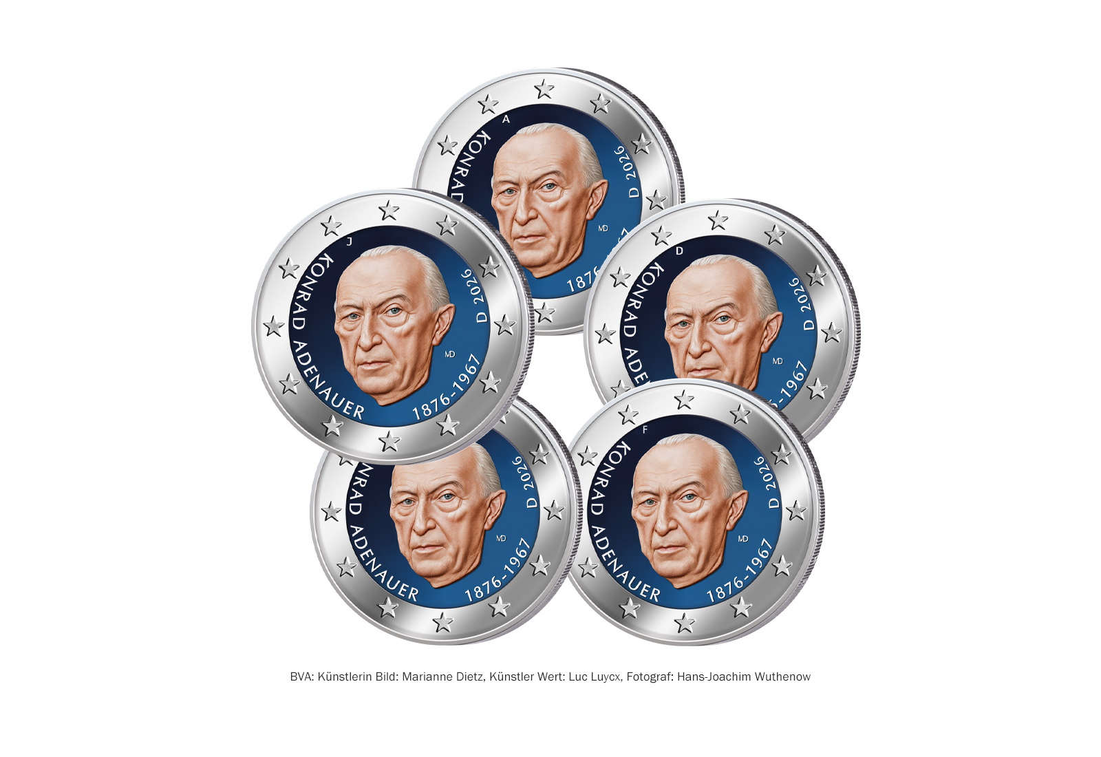 2 Euro 2026 Deutschland Konrad Adenauer A-J mit Farbapplikation