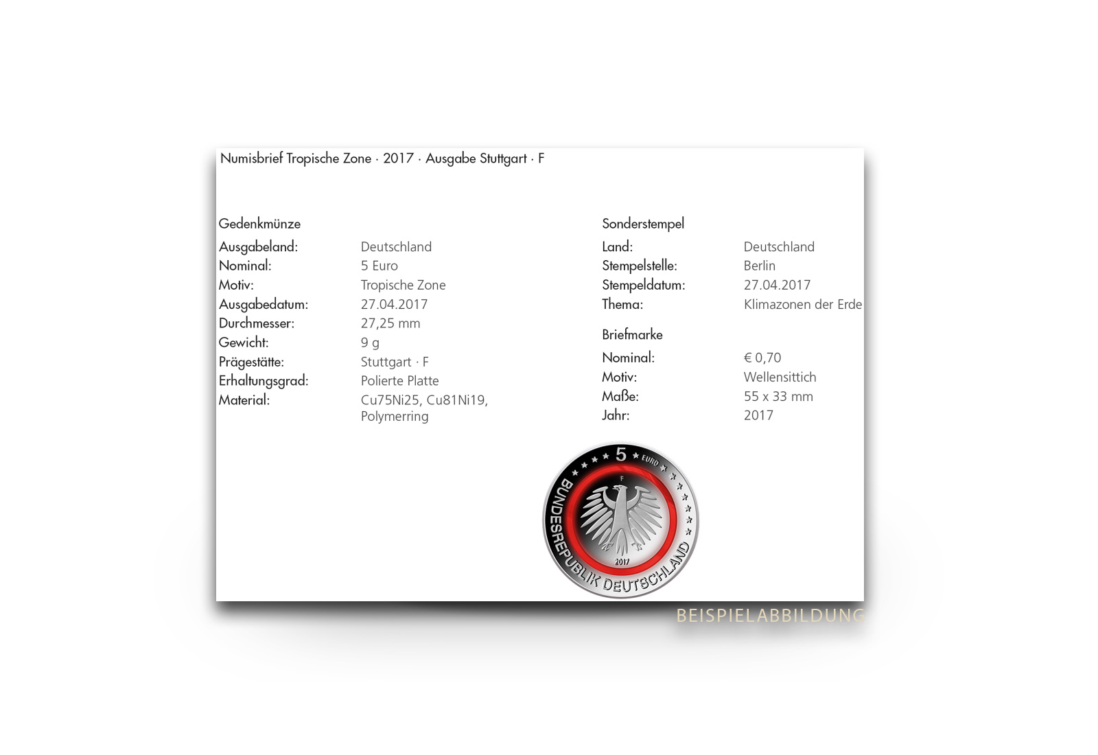 Kuvert für Numisbrief 5 Euro "Tropische Zone" 2017 PP Prägestätte unserer Wahl
