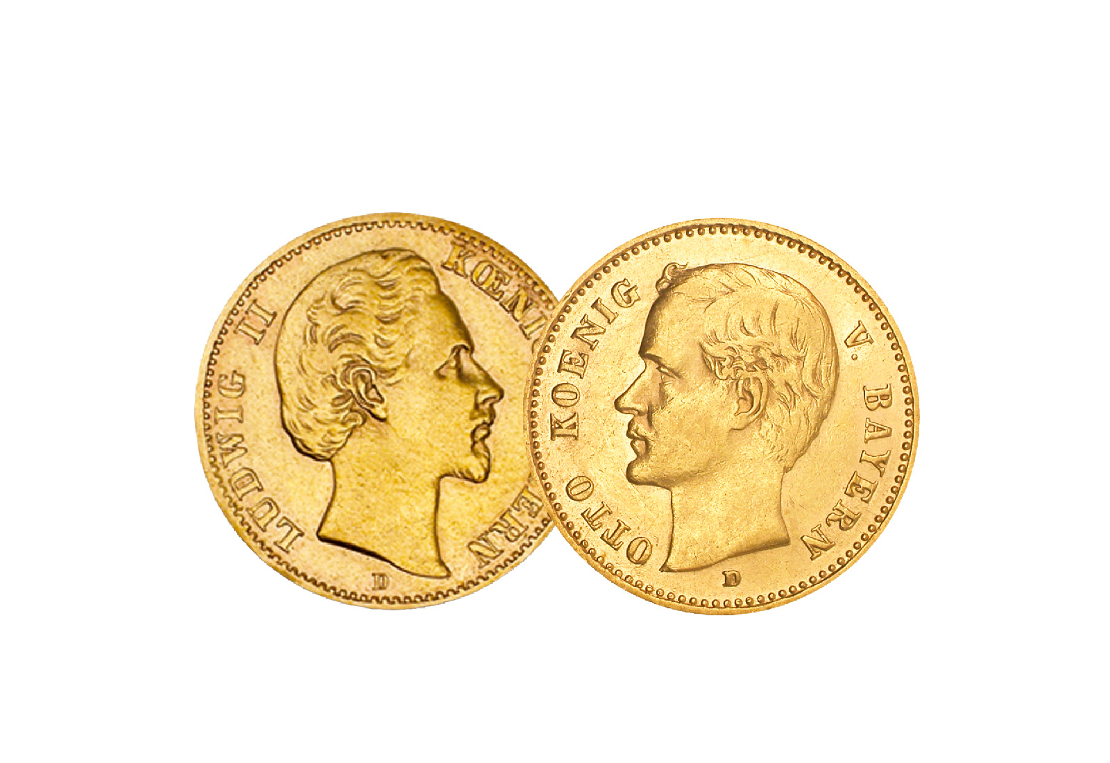 10 Mark Goldmünzen Deutsches Kaiserreich Bayern König Ludwig II. und Otto Jaeger-Nr. 2er Set 193, 201