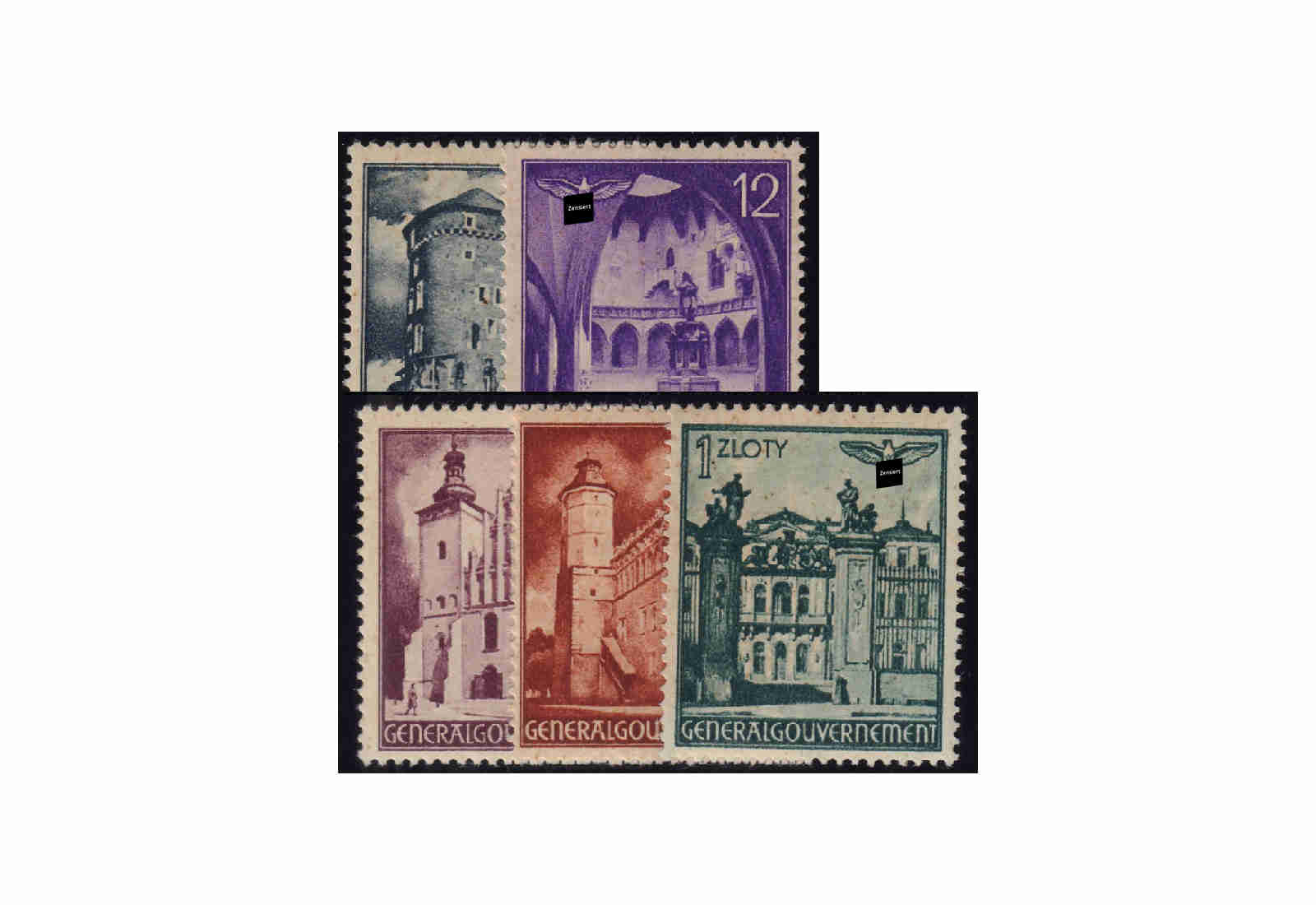 Genralgouvernement Freimarken 1941: Bauwerke Michel Nr. 66/70 gestempelt