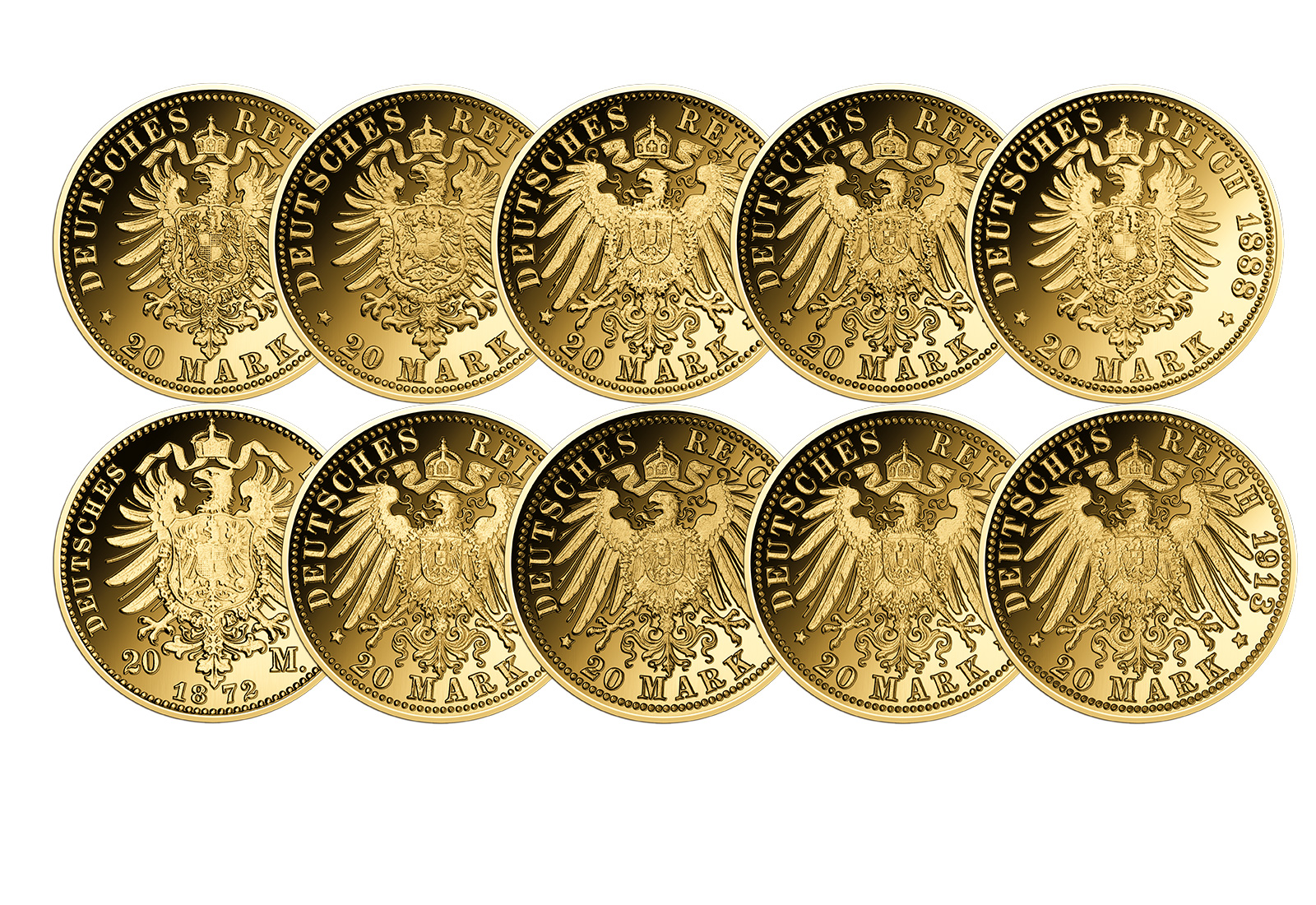 Die 10 bedeutendsten Münzen des deutschen Kaiserreichs als Neuprägungen aus 999/1000 Gold