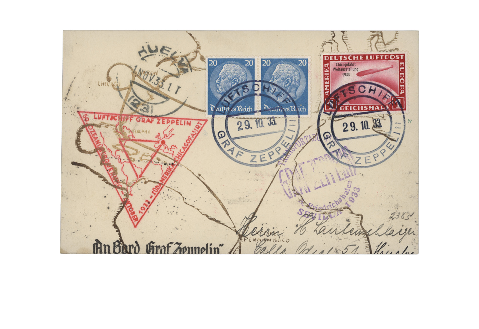 1933 Zeppelin Chicagofahrt Bordpost auf Zeppelin Sonderkarte