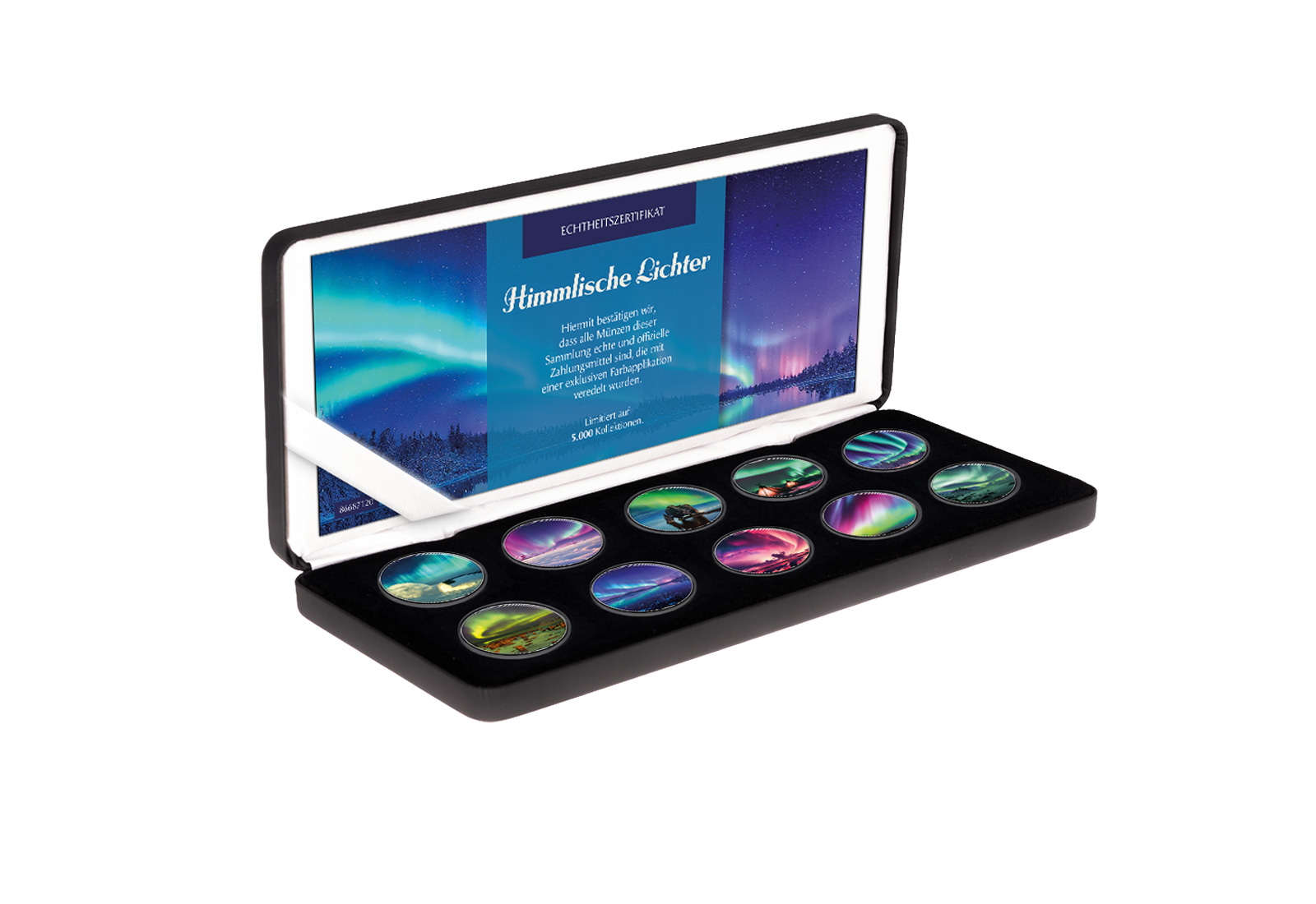 Himmlische Lichter 10er Kollektion mit Farbmotiv im Etui inkl. Zertifikat